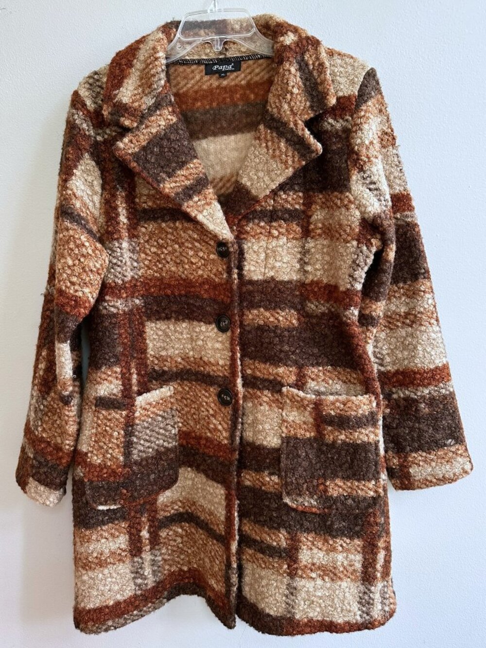 Women's Size XL Bouclé Mid-Thigh Length Plaid Coat Tan Brown Fall Colors by Papa